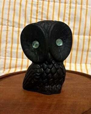 Vintage Handcrafted Coal Owl Figurine with Green Glass Eyes